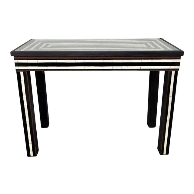 Art Deco Style Black & White Resin Inlay Console Table W Concentric & Glass Top For Sale