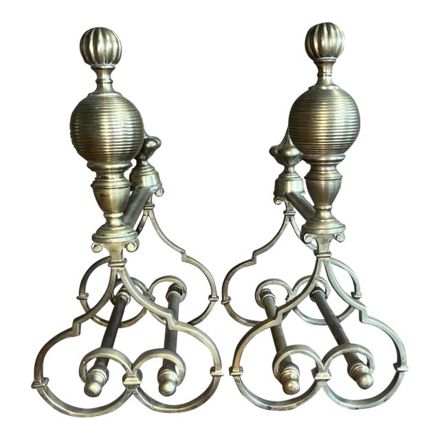 Vintage Mid 20th Century Solid Brass Andirons - a Pair For Sale