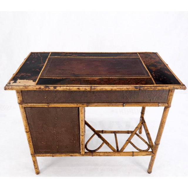 Antique Asian Oriental japaneese Burned Bamboo Hand Painted Decorated Desk Table For Sale - Image 18 of 18