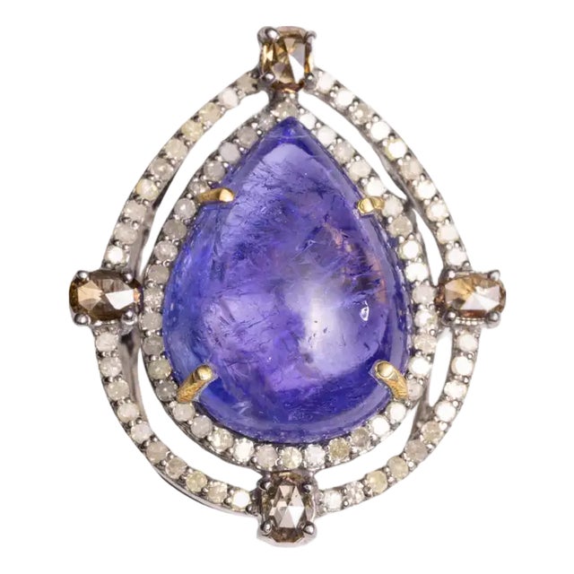 1990s Large Pear-Shaped Tanzanite Dome Cocktail Ring with Diamonds, Size 6.75 For Sale
