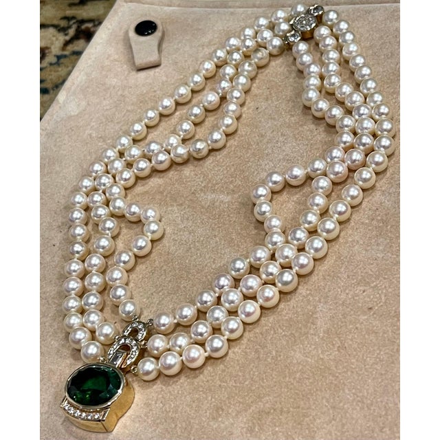 Gemstone 18Ct Green Tourmaline & 2.5Ct Diamond Necklace 14 KY Gold & Triple Pearl Layers For Sale - Image 7 of 18
