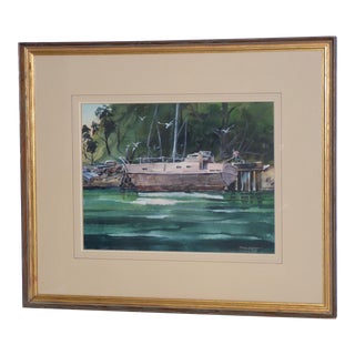 Dennis Simpson "Pink Boat on the Albion" Original Watercolor C.1984 For Sale