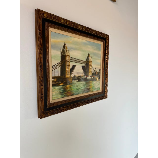 Gothic 1970's Vintage London Tower Bridge Oil on Canvas Painting, Signed For Sale - Image 3 of 12
