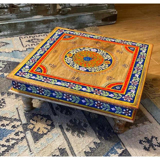 Abstract Hand-Painted Mango Wood Bajot Table – Mandala Boho Coffee Table Plant Stand For Sale - Image 3 of 8