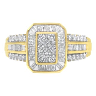10K Yellow Gold Round and Baguette-Cut Diamond Cocktail Ring (1.0 Cttw, H-I Color, SI2-I1 Clarity) - Size 7 For Sale