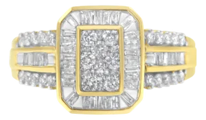 10K Yellow Gold Round and Baguette-Cut Diamond Cocktail Ring (1.0 Cttw, H-I Color, SI2-I1 Clarity) - Size 7