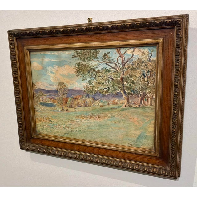 Framed Antique 1920’s Watercolor Landscape Painting, wood frame with bronze egg and dart design