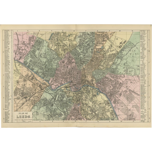 Large Victorian City Map of Leeds by G. Bacon, 1885 For Sale