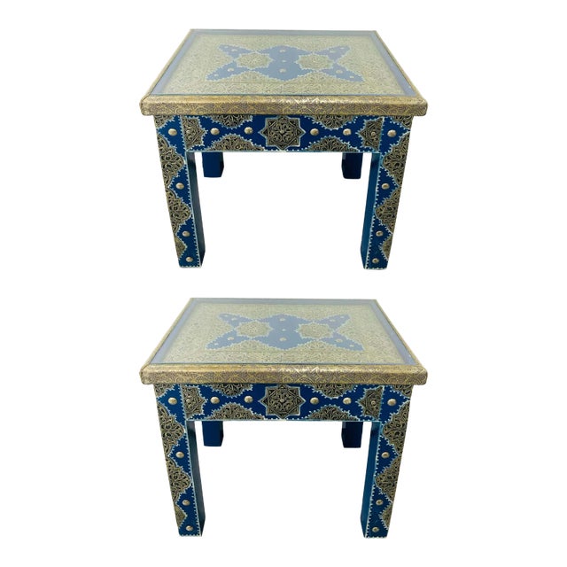 Boho Chic Style Moroccan Blue & Silver Rectangular Side or End Table, Pair For Sale