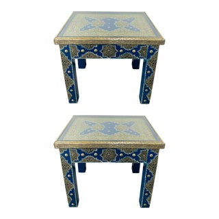 Hollywood Regency Style Moroccan Brass Blue Rectangular Side or End Table, Pair For Sale