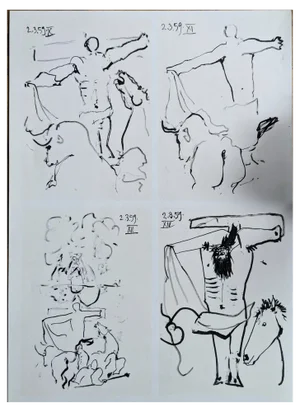 Pablo Picasso, 4 Sketches for Christ on the Cross and Horses with Bulls, 1961, Lithograph