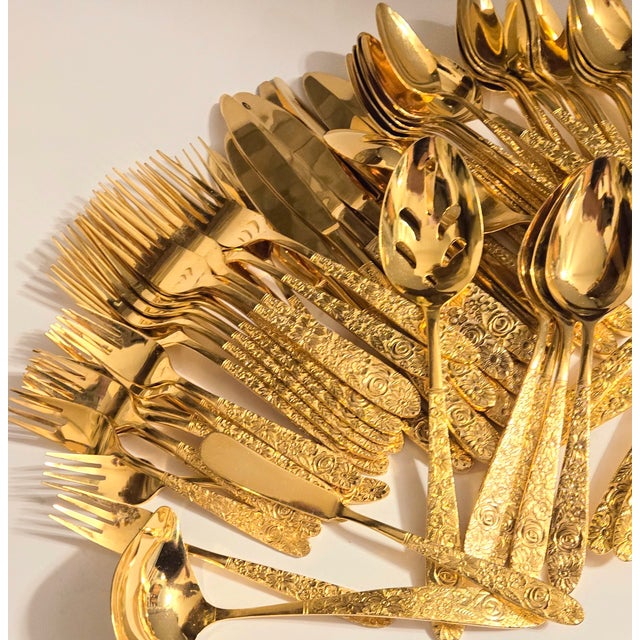 Mid-Century Hollywood Regency Gold Floral Flatware- Set of 72 For Sale - Image 16 of 18