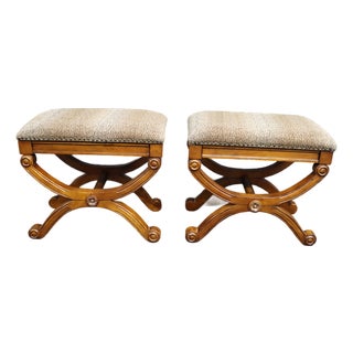Pair of Neoclassical Style X-Base Upholstered Stools For Sale