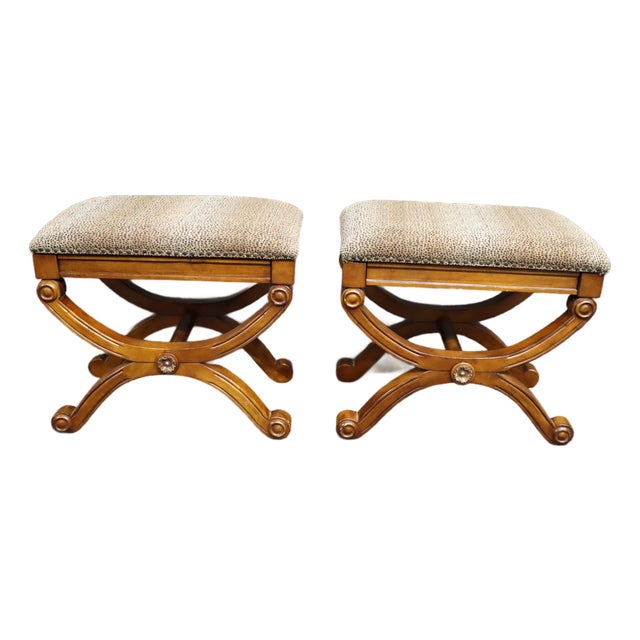 Pair of Neoclassical Style X-Base Upholstered Stools For Sale