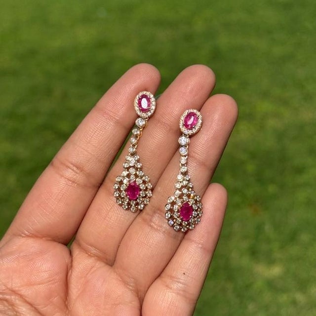 Art Deco Revival 1.71ct Ruby & 1.29ct Diamond Chandelier Drop Earrings 14k Gold- 2 Pieces For Sale In New York - Image 6 of 12