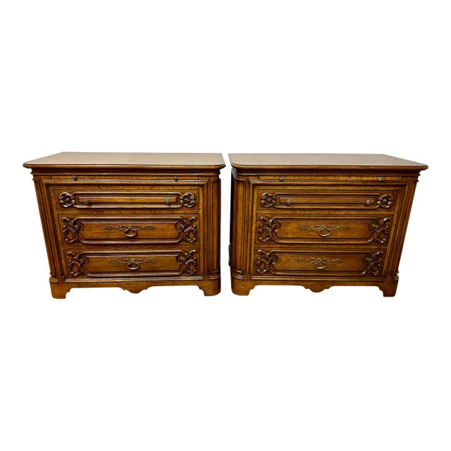 Pair of Karges French Regency Mahogany Nightstands With Pull-Out Slides | 3-Drawer Bedside Chests For Sale