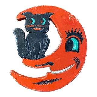 "Black Cat in the Moon" Double Sided Hanging Vintage Style Halloween Decor Folk Art For Sale