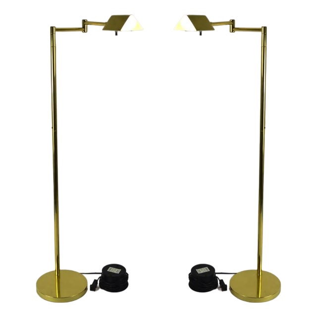 Brass Floor Lamps W Reticulated Swing Arms - A Pair For Sale