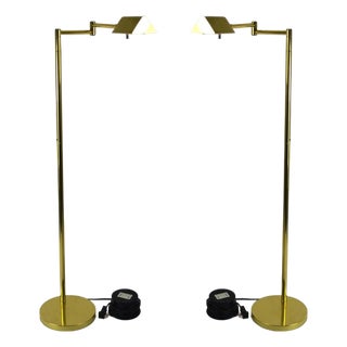 Late 20th Century Brass Floor Lamps W Reticulated Swing Arms - a Pair For Sale