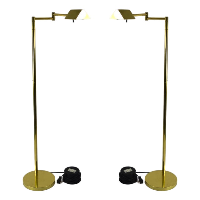 Late 20th Century Brass Floor Lamps W Reticulated Swing Arms - a Pair For Sale
