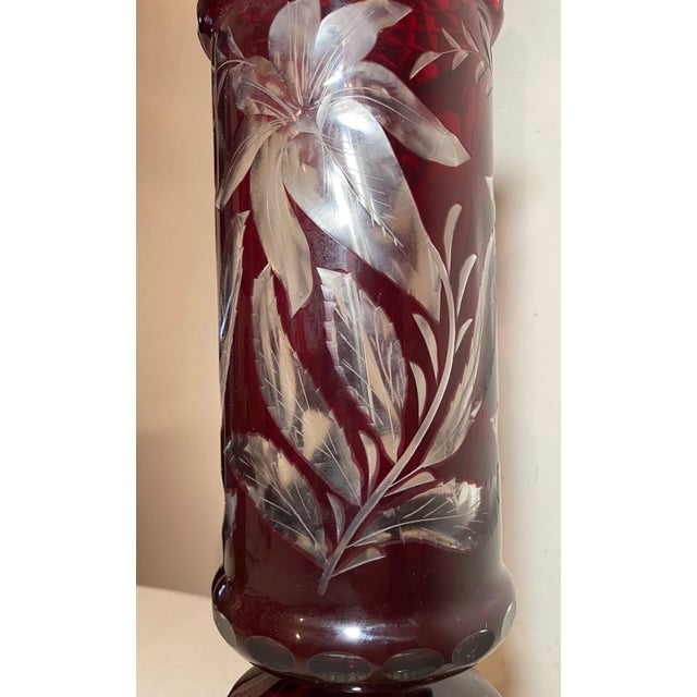 1960s Large Vintage Cut to Clear Bohemian Czech Cranberry Glass Crystal Table Lamp For Sale In New York - Image 6 of 9