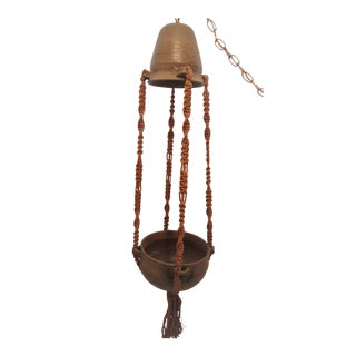Boho Chic Vintage Macrame Brown Ceramic Plant Holder Swag Light Combo For Sale