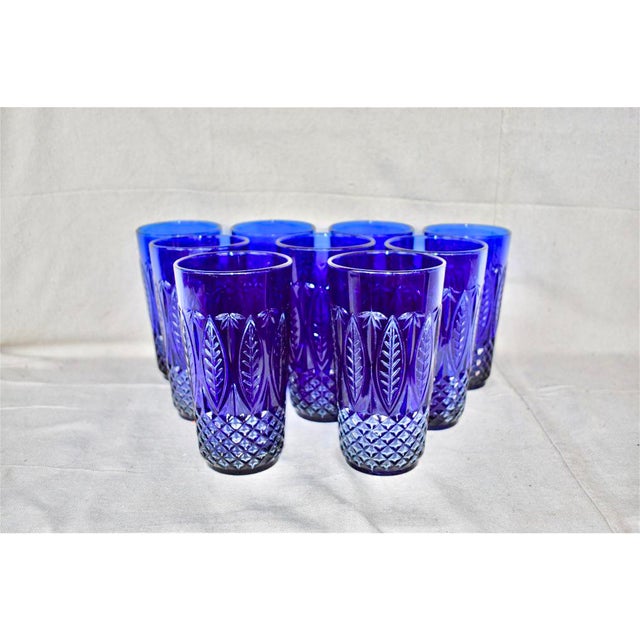 Leaf Motif Vintage Cut Glass Blue Highball Glasses Set of 9 Chairish