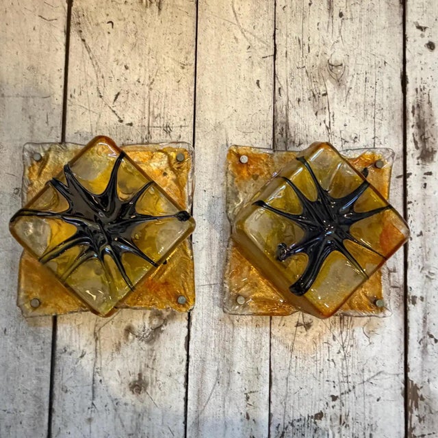 Brown Two Rare 1970s Mazzega Space Age Square Murano Glass Wall or Ceiling Lights For Sale - Image 8 of 18