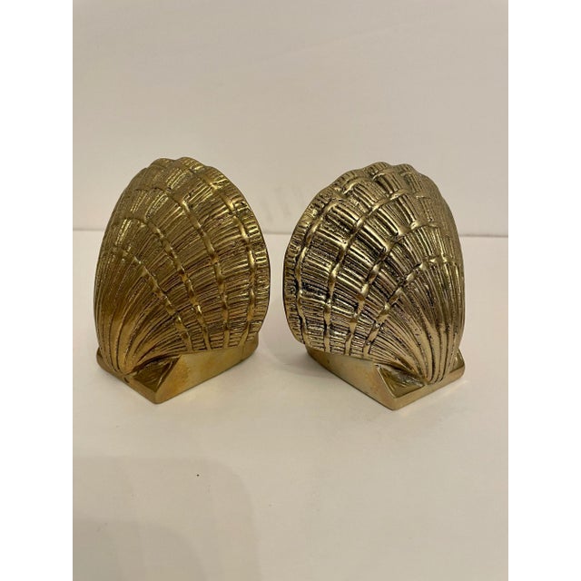 Hollywood Regency Pair Brass Seashell Scallop Bookends For Sale - Image 3 of 7