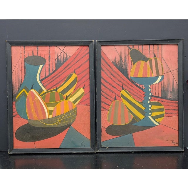 1950s Pair Abstract Paintings MCM Fruit Bananas Still Life Red Pink Signed For Sale