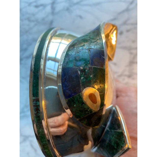 1970s 1970s Mid Century Modern Castillo Taxco Abstract Fish Footed Siver Plated Bowl With Malachite & Azurite Inlay For Sale - Image 5 of 14