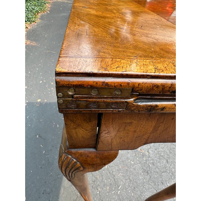 Wood Antique George 11 Burl Wood Leather Top Games Table For Sale - Image 7 of 12