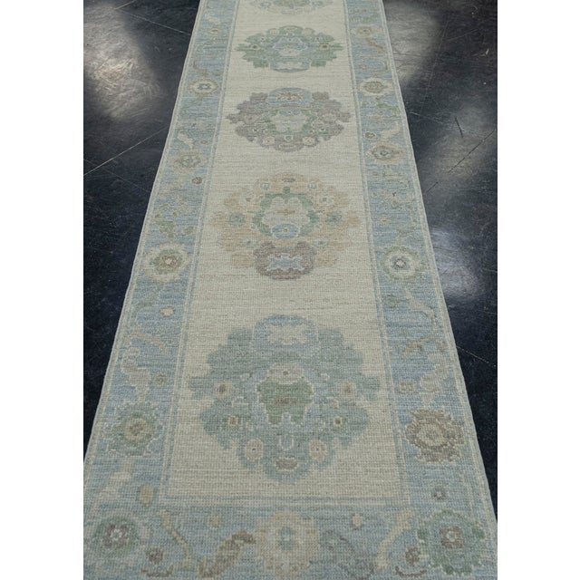 Turkish Oushak Runner Rug Green Blue & Taupe Handwoven Wool Rug 2'9" X 10'5" For Sale - Image 4 of 9