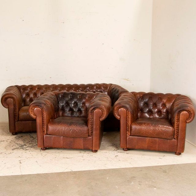 Vintage Leather Chesterfield Sofa Club Chairs Set Of 3 Chairish