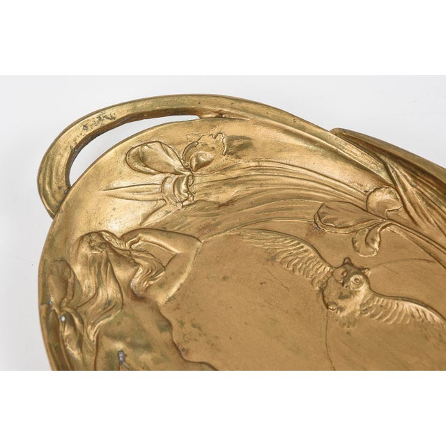 Art Nouveau Figural Nude Woman With Owl and Moon Floral Tray For Sale - Image 4 of 10