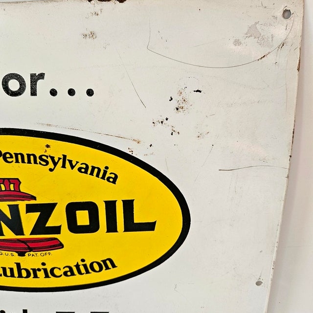 1960s Vintage 1969 Pennzoil "Sound Horn We'll Open" Metal Gas Station Sign For Sale - Image 5 of 11