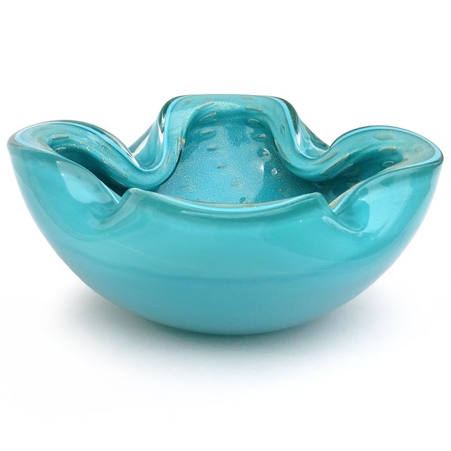 Vintage Murano Alfredo Barbini Teal Blue Green Gold Fleck Bubbles Italian Art Glass Ashtray Bowl For Sale In Orlando - Image 6 of 6