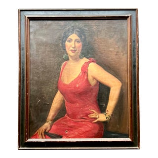 Vintage Boho Original Art Deco Oil Portrait of Woman For Sale