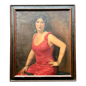 Vintage Boho Original Art Deco Oil Portrait of Woman