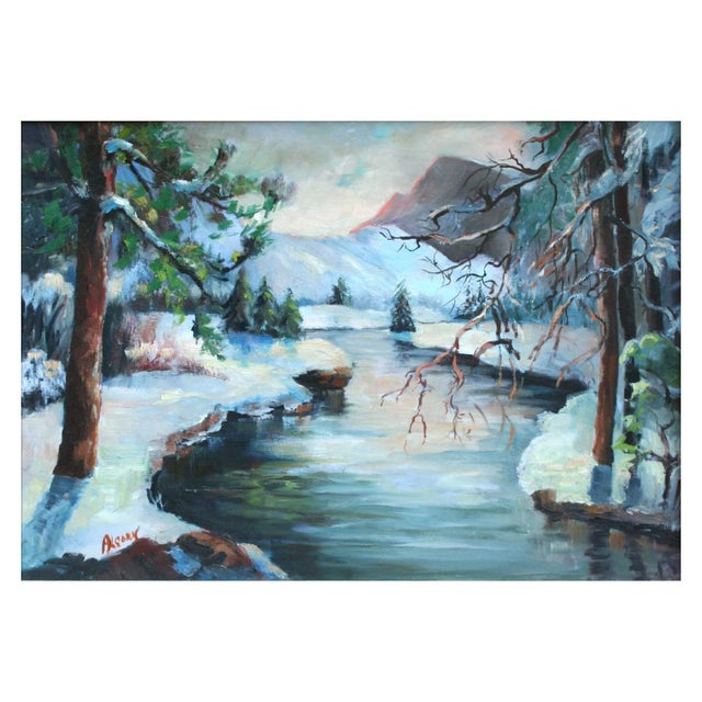 Beautiful mid-century Yosemite winter landscape by listed California artist Rowena Lung Alcorn (American, 1905-1996). The...