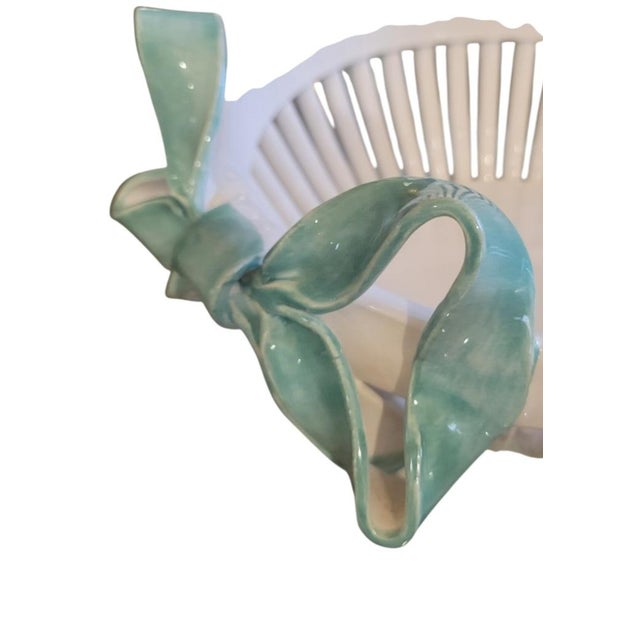 Vintage Italian Round Tiffany Blue Ceramic Ribbon Bow Front Decorative Bread Serving Bowl For Sale In West Palm - Image 6 of 6