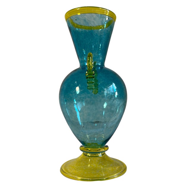 Early 21st Century Art Glass Aqua Yellow Handled Amphora Vase For Sale - Image 5 of 14
