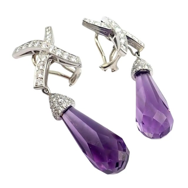 1980s 1980s Pair of Tiffany & Co Paloma Picasso X Drop Diamond Amethyst Night Day Platinum Earrings For Sale - Image 5 of 16