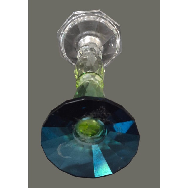 Late 20th Century Elegant Pair Bohemian Crystal Green 3-Tone Candlesticks For Sale - Image 5 of 8