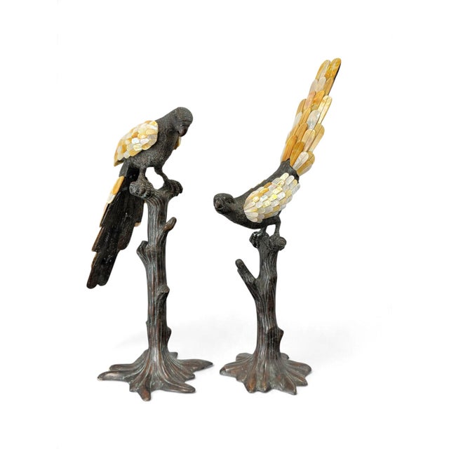 Maitland - Smith Maitland Smith Bronze & Mother of Pearl Parrot Sculptures, a Pair For Sale - Image 4 of 15