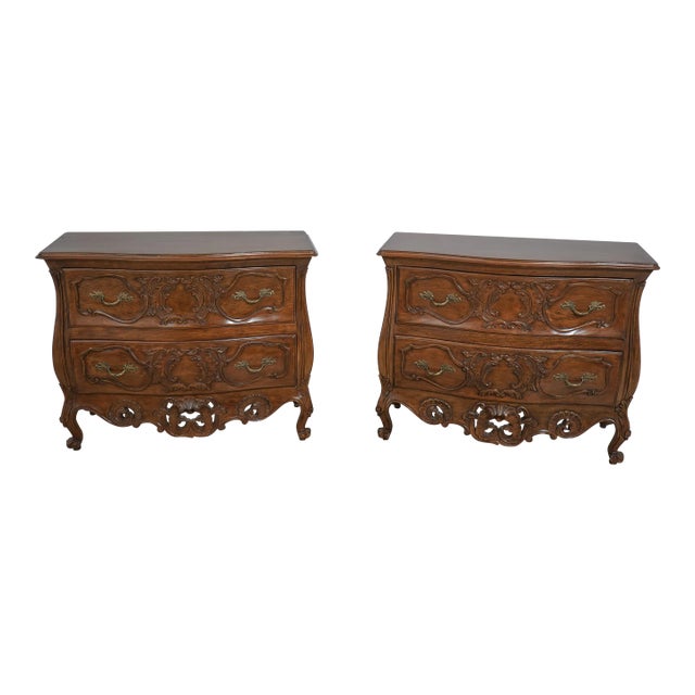 Pair Italian Carved Walnut Finish Commodes Chests For Sale