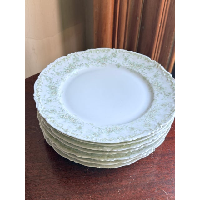 Late 19th Century Elite Works Limoges France Porcelain Dinner Plates Green Floral Garland Scalloped Edge, 7 For Sale - Image 9 of 11