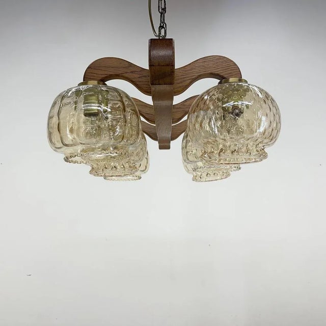 1970s Wood & Glass Ceiling Lamp, Czechoslovakia, 1970s For Sale - Image 5 of 10