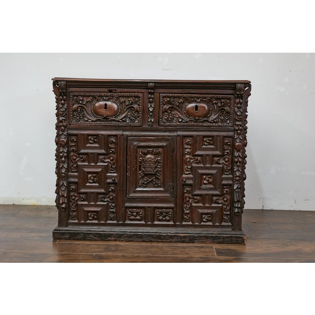17th Century Spanish Renaissance 1680s Walnut Spice Cabinet with Foliage Carved Décor For Sale - Image 5 of 12