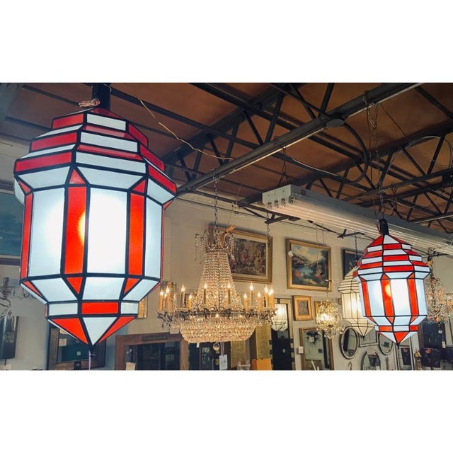 Art Deco style white milk and red glass chandelier, pendant or lantern, a pair A gorgeous handcrafted, having individual...